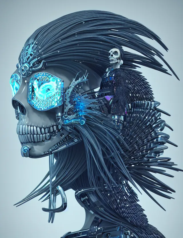 Image similar to 3 d goddess close - up profile simple portrait cybernetic with skull. beautiful intricately detailed japanese crow kitsune mask and clasical japanese kimono. betta fish, jellyfish phoenix, bio luminescent, plasma, ice, water, wind, creature, artwork by tooth wu and wlop and beeple and greg rutkowski