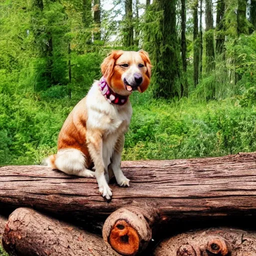 Prompt: a dog sitting on a log