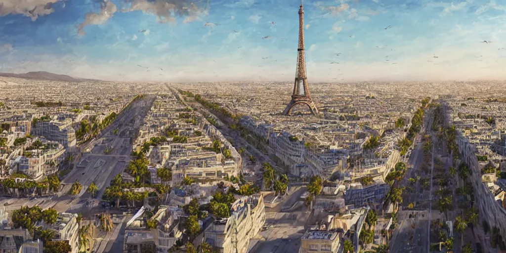 Image similar to the beautiful city of paris rebuilt next to the ocean in sunny california, amazing weather, beach view, palm trees, splendid haussmann architecture, wonderful eiffel tower, digital painting, highly detailed, intricate, concept art, matte painting, trending on artstation, art by greg rutkwowski, artgerm, wlop