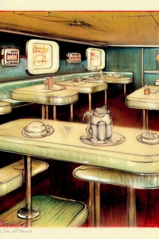 Image similar to ( ( ( ( ( 1 9 5 0 s diner interior. muted colors. ) ) ) ) ) by jean - baptiste monge!!!!!!!!!!!!!!!!!!!!!!!!!!!!!!