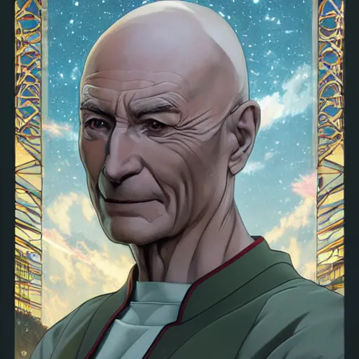 Image similar to anime Portrait of Picard, intricate, wild, highly detailed, digital painting, artstation, concept art, smooth, sharp focus, illustration, art by artgerm and greg rutkowski and alphonse mucha and Hajime Sorayama