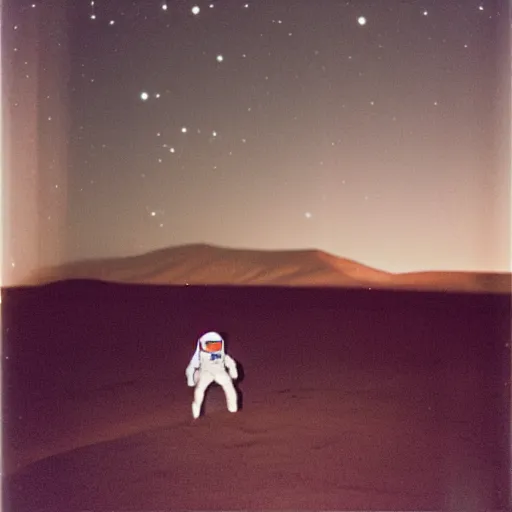 Prompt: photograph of a lonely astronaut sitting at remote bus stop at night, a glowing meteor behind him, overhead lighting, tranquil, desolate, hazy, atmospheric, autochrome