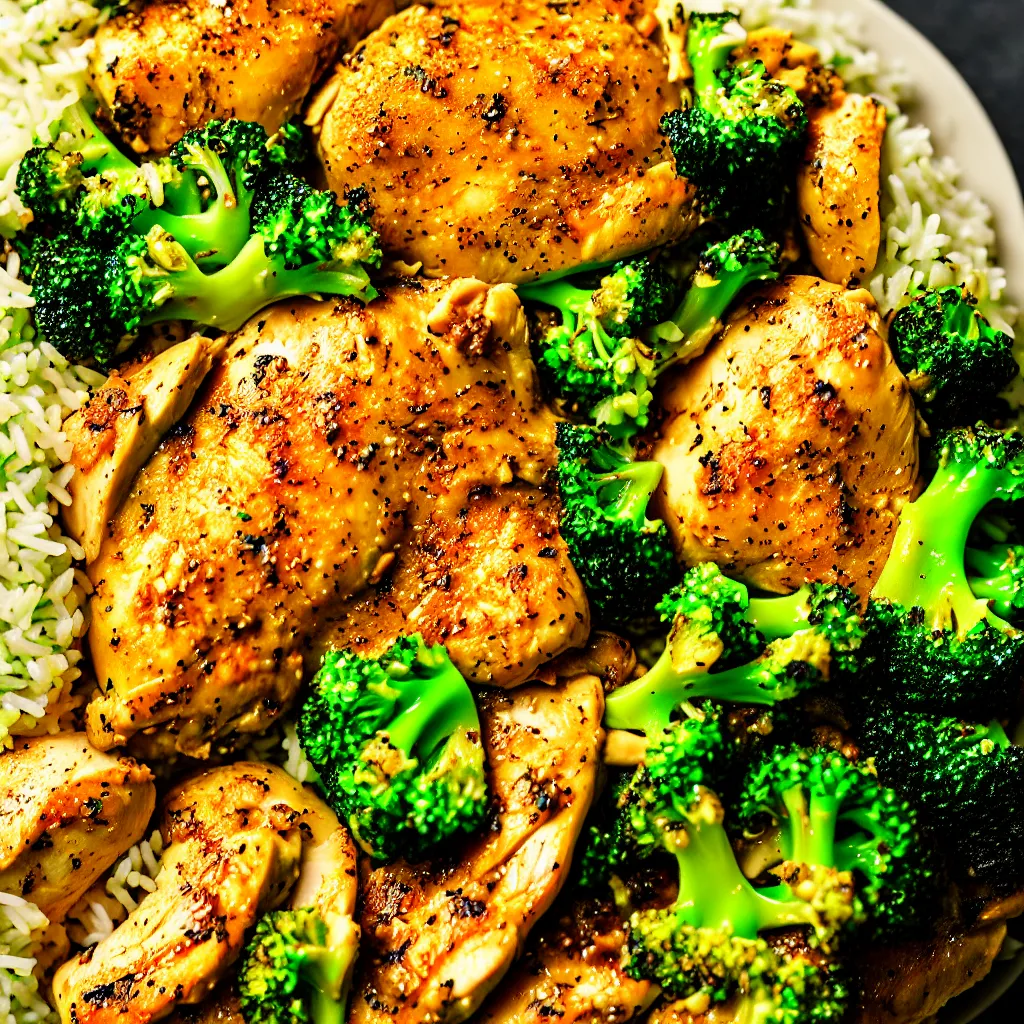 Prompt: closeup of a plate with chicken, broccoli, rice, professional food photography, studio lighting, sharp focus, 4 k