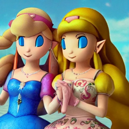 Image similar to the lesbian wedding of princess peach and princess zelda, photo, photograph, film