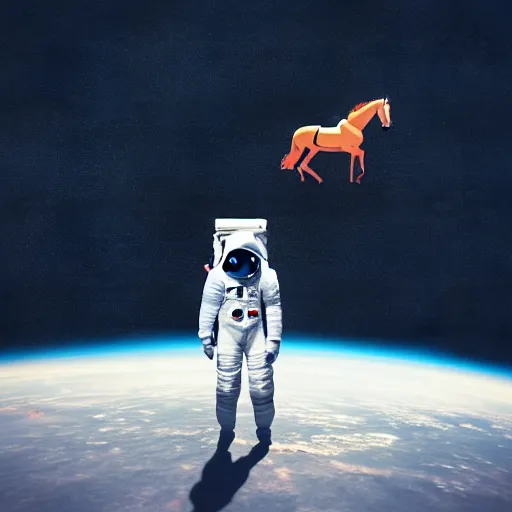 Image similar to an astronaut standing on the ground and a small trippy aggressive centaur standing on that poor standing on all fours astronaut, trying to ride it, the horse is on his shoulders, minimalist style, 3 d render, isometry