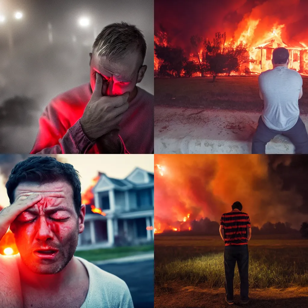 Prompt: Photo, A man crying because his house has burned down, Huge fire, red lighting, night