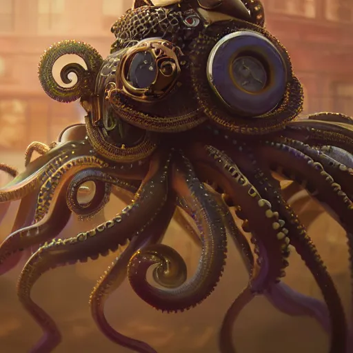 Image similar to steampunk octopus, portrait, robot, concept art, rim light, sharp focus, tilt shift, octane render, anime, highly detailed, colorful, iridescent