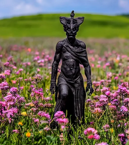 Image similar to mystical black death god figure standing in tall meadow of flowers, dslr photo, grainy, high detail, high resolution