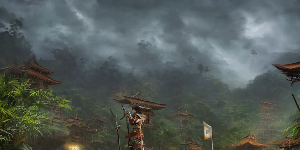 Prompt: A gigantic standing haunted samurai guardian dominates a huge hidden bamboo village in the jungle, evening, ominous sky, flags, Matte Painting, Craig Mullins