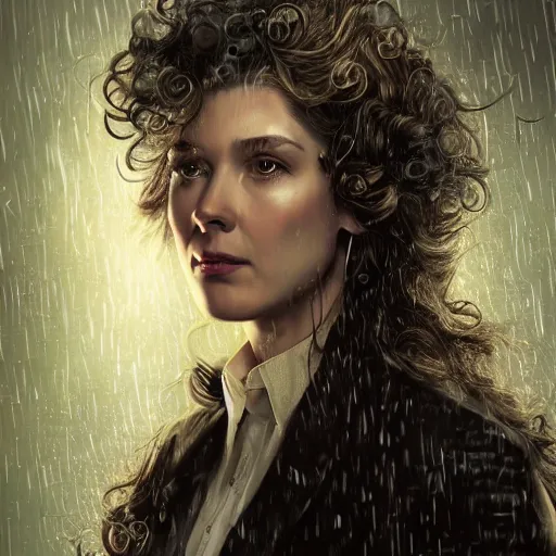 Prompt: portrait of a woman as sherlock Holmes with wavy hair as an epic idea, intricate detail, digital painting, ,metric, gears, watches, steampunk, face enhance, glowing eye, biomechanical, trash polka, raining, sepia, particles floating, whimsical background by marc simonetti, artwork by ross tran + ramond swanland + liam wong +mike winklemann + wlop