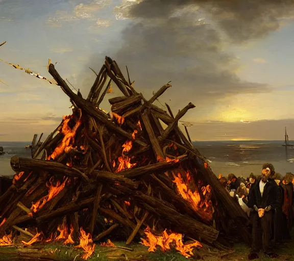 Image similar to landscape portrait of a funeral pyre with cash on it, by william sidney mount, trending on artstation