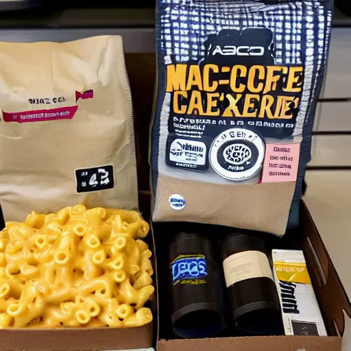 Prompt: a box of mac and cheese sat next too bags of coffee in a grocery store