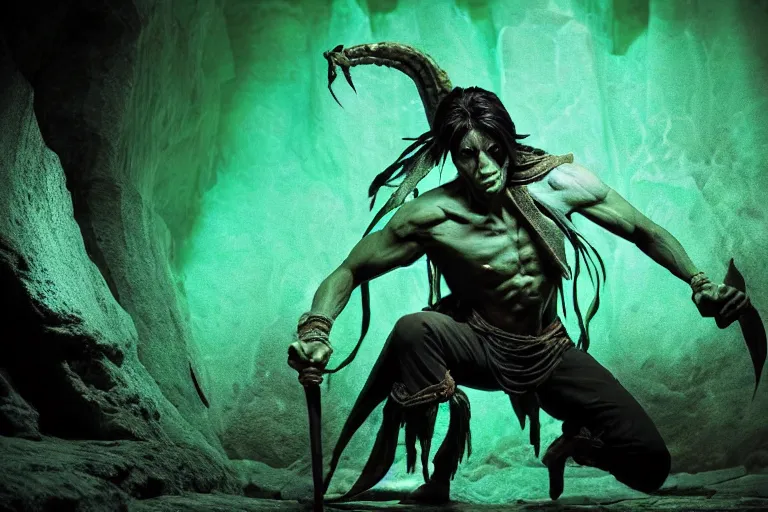 Prompt: vfx film, soul reaver, raziel irl, price of persia movie, missing jaw, hero pose, devouring magic souls, glowing green soul blade, in epic ancient sacred huge cave temple, flat color profile low - key lighting award winning photography arri alexa cinematography, hyper real photorealistic cinematic beautiful, atmospheric cool colorgrade