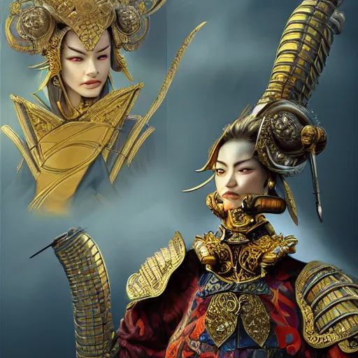 Image similar to a samurai wearing with golden ornaments and diamonds jewelry by alex gray and android jones, karol bak, ayami kojima, amano, concept art, character design, fantasy, 3 d, 8 k resolution