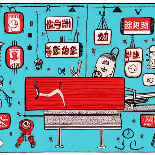 Image similar to surgery operating table, in the style of daniel johnston and outsider art, 8k, line brush, overlaid with chinese adverts