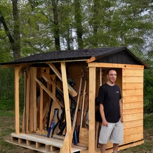 Image similar to man in a dress builds a wooden shed out of pallets diy tools nikon dslr detailed