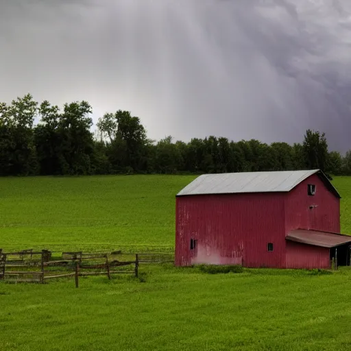 Prompt: A horrible thunderstorm overtop a field with a barn