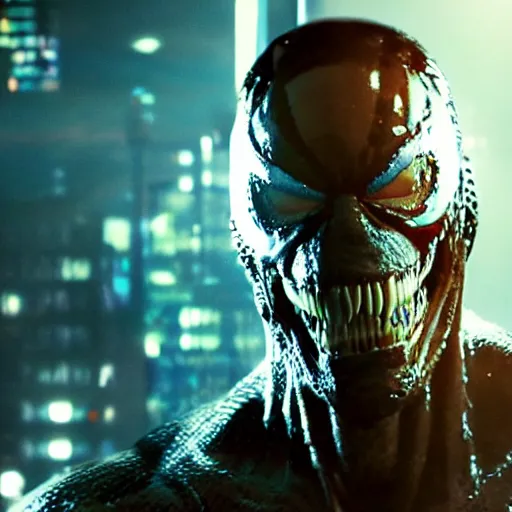 Prompt: a 4 k cinematic still portrait of venom breaking into the office from a gritty cyberpunk 2 0 0 0 s james cameron movie about spider - man. realism, cinematic lighting, 4 k. 8 mm. grainy. panavision.