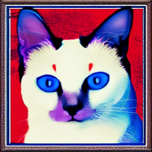 Image similar to a siamese cat that has blue eyes pop art