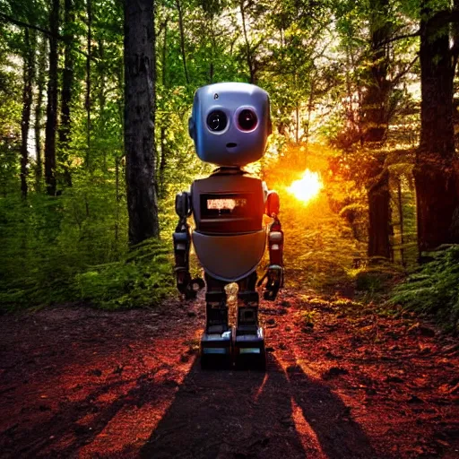 Prompt: ”detailed robot in beautiful forest in the sunrise”