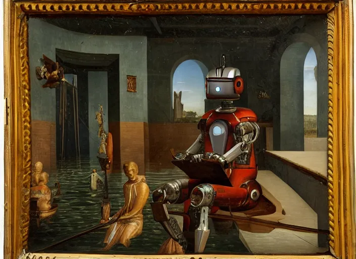 Image similar to a portrait of a robot sitting in a small boat in a renaissance room flooded with water,