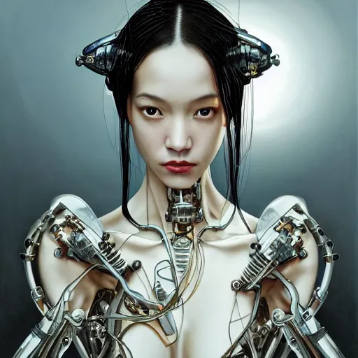 Prompt: Kiko Mizuhara is a bio mechanical cyborg, physically accurate, very dramatic dynamic lighting, intricate, very very elegant, highly detailed, digital painting, artstation, very hyperrealistic, HR GIGER, Hieronymus Bosch, Francis Bacon, concept art, smooth, sharp focus, illustration, art by artgerm and greg rutkowski and alphonse mucha