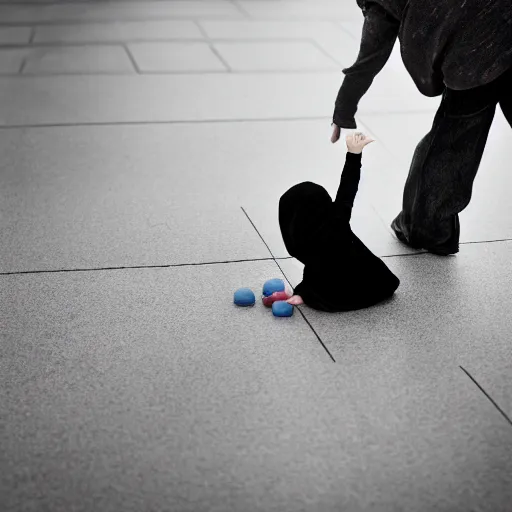 Prompt: the grim reaper losing a game of hopscotch to a little girl, photography