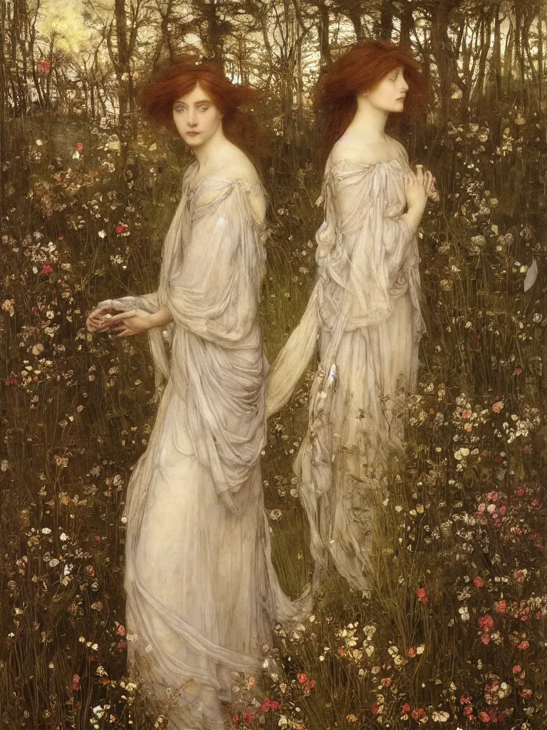 Image similar to beautiful pre - raphaelite woman, flower halo, flowing gown with empire waist in a wildflower meadow, floating leaves, fairys and flower petals in background, painterly, briar patch, thorns, dreamy, painted by jeremy mann, edward burne - jones, and john everett millais, alma tadema, ethereal, stunning, god rays, detailed