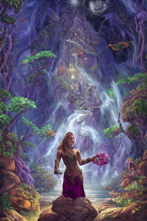 Image similar to A fantasy book style portrait painting, Great Turtle Island at the center of the Universe, accompanying hybrid, Anya_Taylor-Joy, Cory Chase, Mystical Valkyrie, Anubis-Reptilian, Atlantean Warrior, Cozy, hotspring hidden Cave, candlelight, towels, cushions, natural light, lush plants and flowers, elegant, smooth cave rock, fantasy, atmospheric lighting, digital painting, François Boucher, Oil Painting, Regal, Refined, Digital Art, RPG portrait, William-Adolphe Bouguereau, Michael Cheval, Walt Disney (1937), Steampunk, Crisp clear Volumetric Golden dappled dynamic lighting, Highly Detailed, Cinematic Lighting, HD resolution, unreal 5, DAZ, hyperreality, octane render, Unreal Engine, 8k, HD
