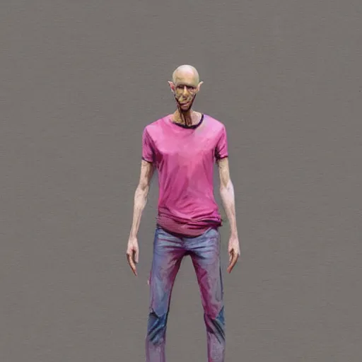 Image similar to bald skinny man in a pink t - shirt and pink pants, digital art, by greg rutkowski