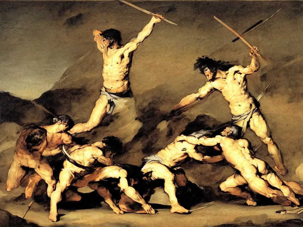 Prompt: Cain kills Abel with a spear by francisco goya, mythological painting, oil painting