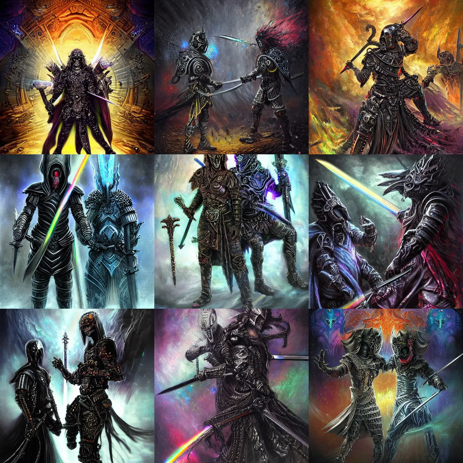Prompt: Sword clash of two powerful opposing fighting opposite iridescent ornate cloaked hooded warrior technology gods, dark gritty realistic highly detailed intricate artistic award winning digital oil painting, partially cybernetic dark entity gods made of future technology brandishing cosmic smoking iridescent weaponry, intricate, ornate, black armor with hints of rainbow and gothic influence, smooth oil painting, muted realistic colors, epic megastructure space scene background, super intricate, galactic, moody colors, realistic, real colors, moody, ominous, dangerous aura, microchips, crystallic, iridescent, lasers, gems, multicolored glints, precious elements, beautiful, detailed, concept art, render, unreal engine, 4K, artstation
