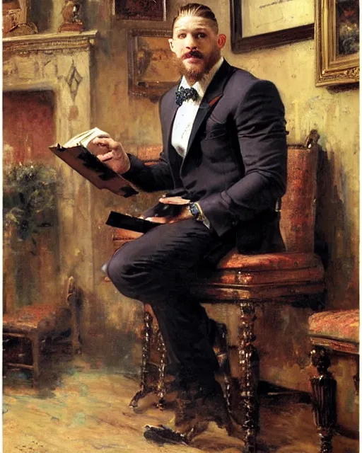 Image similar to tom hardy ( ( ( beard ) ) ) clean - shaven, reciting poetry to a room full of businessmen, painting by gaston bussiere, craig mullins, j. c. leyendecker