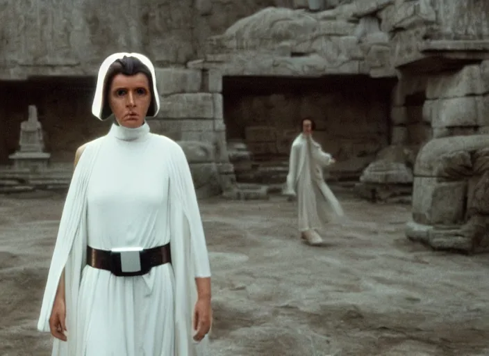 Image similar to epic portrait screenshot of princess Leia in thin white robe, approaching an ancient temple in the distance, iconic scene from the 1980s film directed by Stanley Kubrick, cinematic lighting, kodak film stock, strange, hyper real, stunning moody cinematography, with anamorphic lenses, crisp, detailed portrait, 4k image