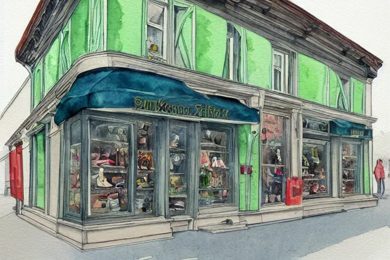 Image similar to watercolor artwork of sneaker store in russia : : green, art nouveau, trending on artstation