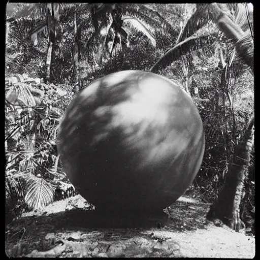 Image similar to a rizom lost film footage of a ( ( ( ( ( ( ( ( sphere ) ) ) ) ) ) ) ) in the middle of the tropical jungle / tripicalism / film still / cinematic / enhanced / 1 9 2 0 s / black and white / grain