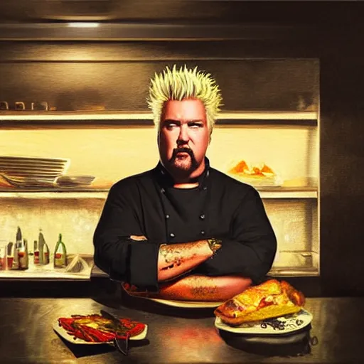 Image similar to Guy Fieri in a modern restaurant kitchen, painting by Greg Rutkowski, dramatic lighting, at night, sharp focus