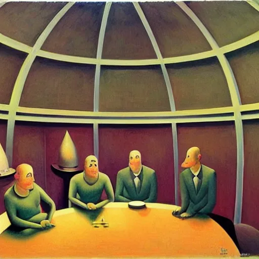 Prompt: portrait of an evil mastermind inside a dome - shaped control center, evil lair,'pj crook '!!,'grant wood '!!, edward hopper, oil on canvas