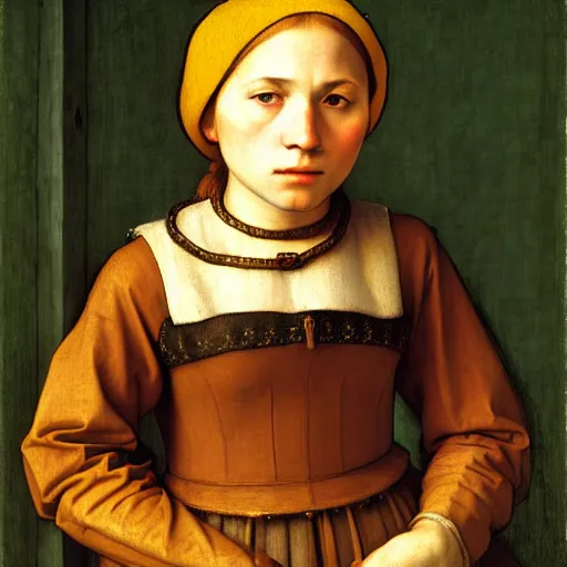 Image similar to study of a peasant girl by hans holbein the younger. hyperrealsim