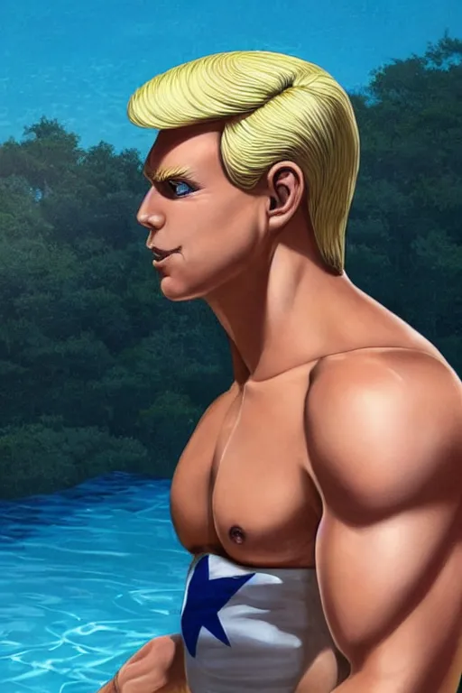 Prompt: a handsome man with blonde hair who is also a male android, ken, donald trump, muscular, wearing a cut-off white tank top and short american flag shorts, stands by a swimming pool, facing forward, in the style of artgerm and moebius and annie liebovitz, photorealistic, highly detailed