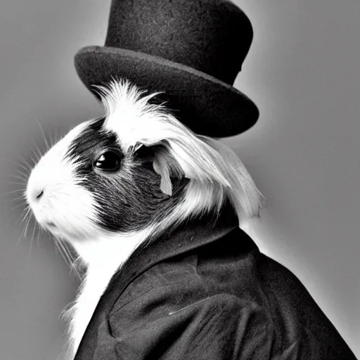 Image similar to a guinea pig wearing a bowler hat, grainy black and white photograph