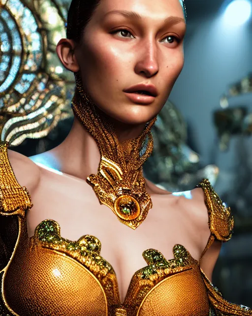 Prompt: a highly detailed metahuman 8 k close up render of bella hadid catwalk renaissance in iris van herpen dress schiaparelli in diamonds crystals swarovski and jewelry iridescent in style of alphonse mucha trending on artstation made in unreal engine 4