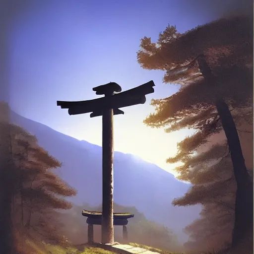 Prompt: Japanese Torii in a moutain , morning , sunshine , by Grzegorz Rutkowski