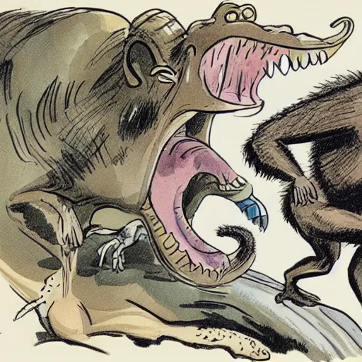 Prompt: A caricature illustration of hasbulla and a macaque running from dinosaurs, by mort drucker