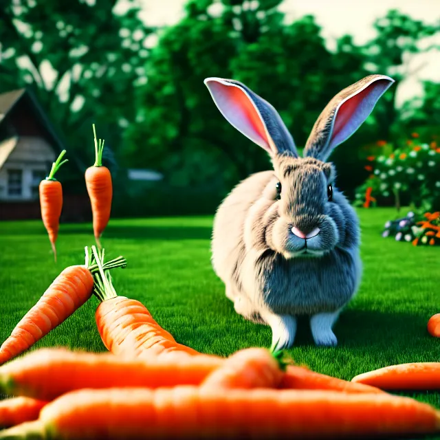 Prompt: photograph of giant rabbits eating people carrots in the garden full cinematic scene, 4 k realistic photorender