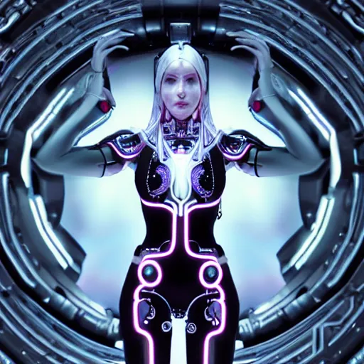 Image similar to symmetrical feminine cyborg goddess rendered in Cinema 4D and Octane and Unreal Engine 5, elegant cybernetic body and ornate futuristic outfit, glowing white neon eyes, platinum and obsidian flowing long hair, art by Artgerm, Beeple and Alphonse Mucha, hyperrealism, full body photogenic shot, digital render, cinematic lighting ornate earrings, 8k resolution, masterpiece work