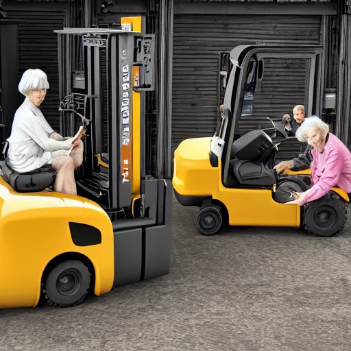 Prompt: grannies operating a fork lift, 8k, artstation