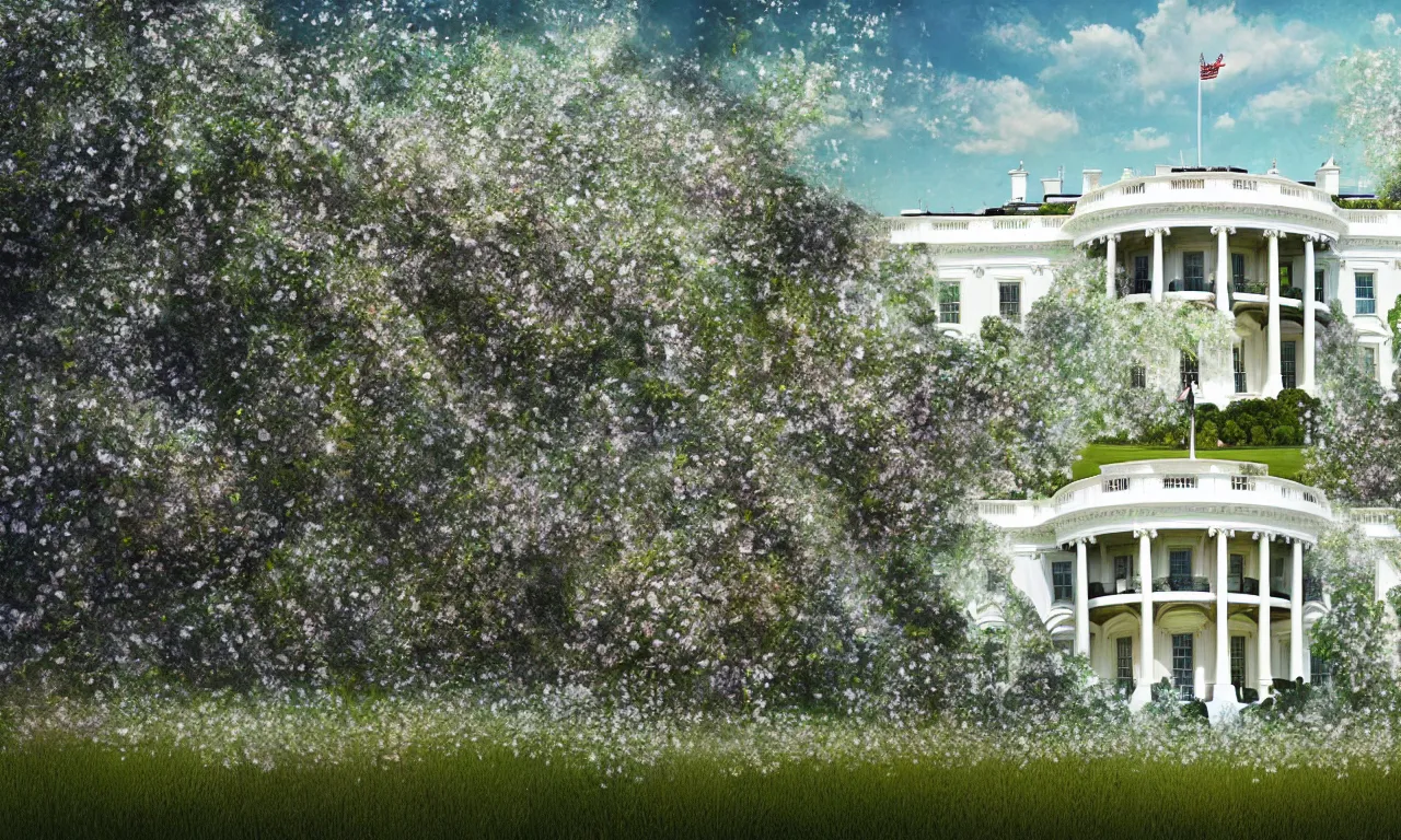 Prompt: a architectural portrait of the white house surrounded in wild blooming cannabis on a beautiful summer day, cg art, fine art, highly detailed, digital painting, cgi, volumetric lighting, sunny atmosphere