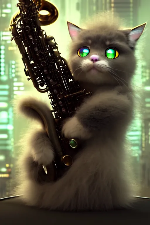 Image similar to high quality 3 d render very cute fluffy cyborg! cat plays saxophone, cyberpunk highly detailed, unreal engine cinematic smooth, in the style of blade runner & detective pikachu, hannah yata charlie immer, moody light, low angle, uhd 8 k, sharp focus