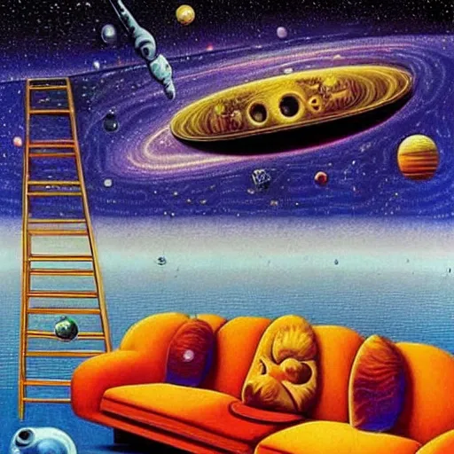 Image similar to psychedelic trippy couch in background in space, planets, milky way, sofa, cartoon by rob gonsalves and salvador dali